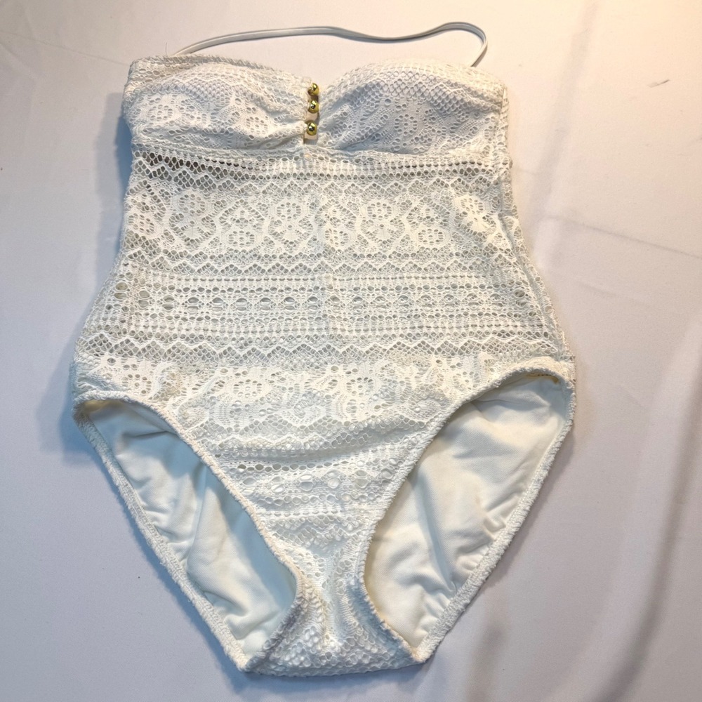 Lauren Ralph Lauren White Crochet Lace One Piece Swimsuit Gold Beads Size 10